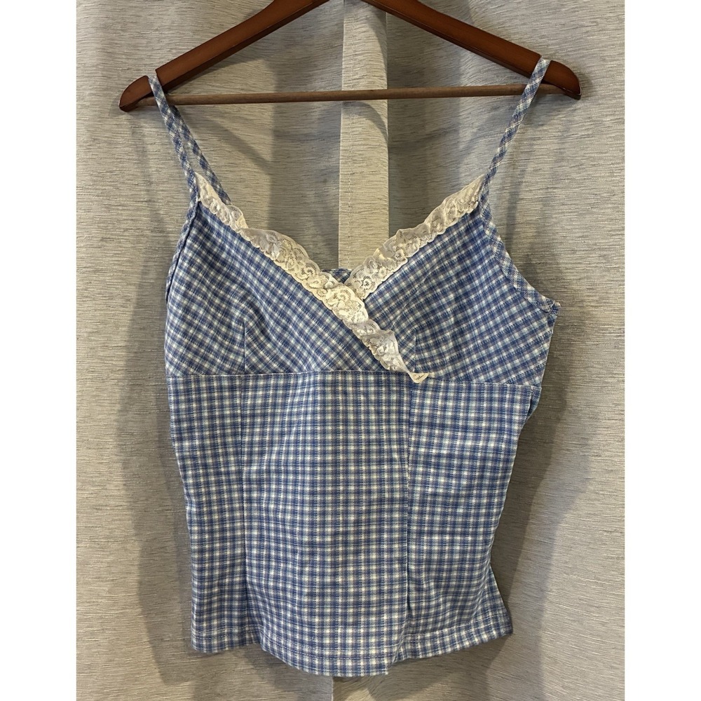 Cosmos Gingham Plaid Baby‎ Doll Tank Top Y2K Blue L Cottagecore Peasant Beachy